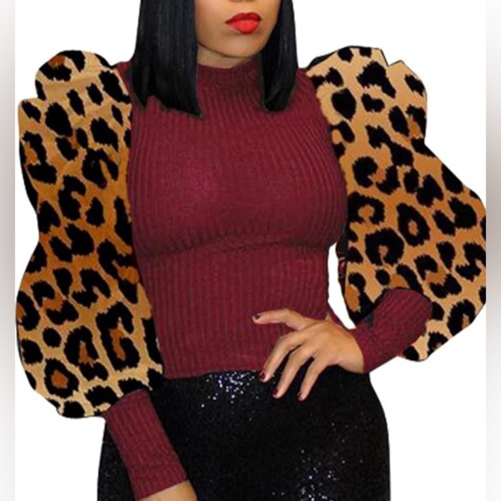 Puff Long Sleeve Ribbed Ruched Crewneck Slim Fit PartyTop
